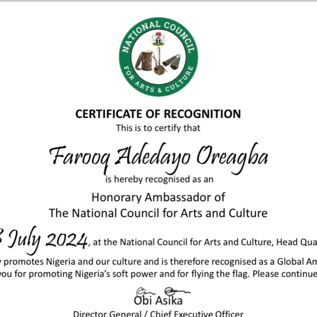 Farooq Oreagba Becomes Honorary Ambassador by National Council for Arts and Culture